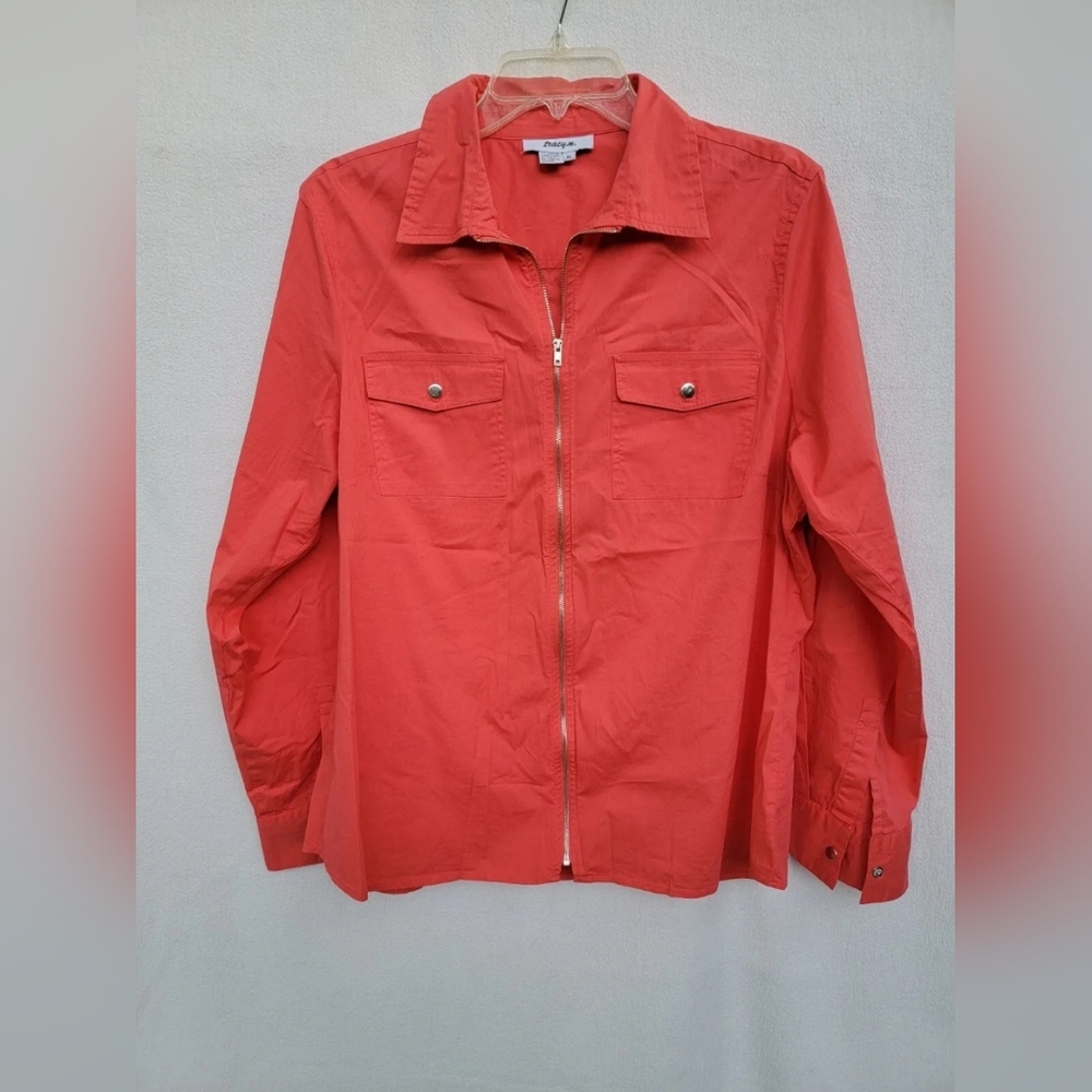 Tracy M Full Zip Pockets Long Sleeve Red/Coral collared Shirt- XL